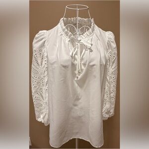 NWT Shoshanna White Eyelet Sleeve Blouse Small Ruffle Tie Neck Coastal Cowgirl